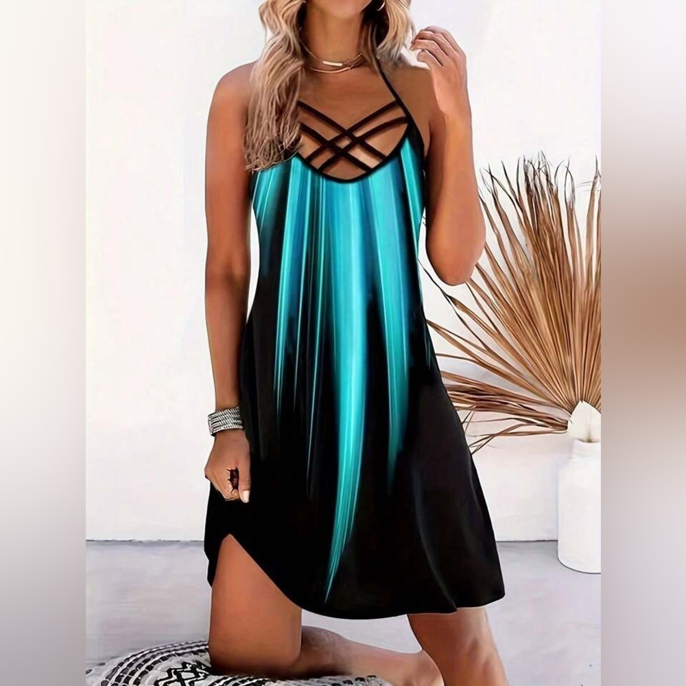 NWOT Women’s XL Color Block Slip Dress w/ Cross Strap Detail in Teal & Black